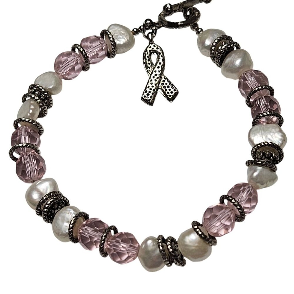 Breast Cancer Awareness Bracelet Pink White Beads Silver Ribbon Charm Women